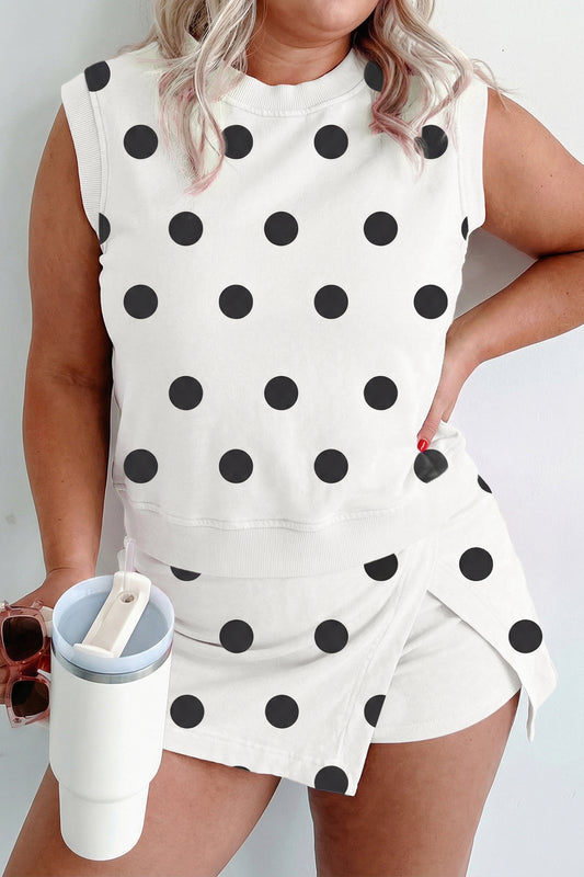 Traje de 2 piezas de falda pantalón con estampado de lunares, talla grande, color blanco
