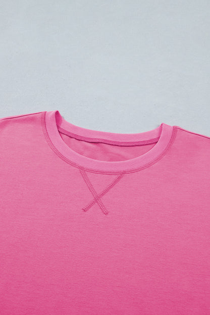 Bright Pink Seam Detail Raw Edge Tee Rainbow Waistband Casual Short Set - Snoopy's Closet