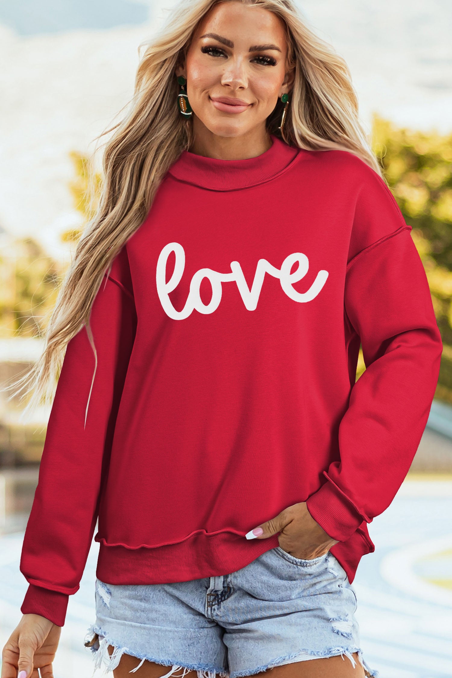 Racing Red Valentines Day Heart Love Script Reversible Printed Double Wear Mock Neck Sweatshirt - Snoopy's Closet