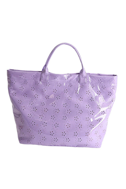 Bolso tote impermeable brillante de PVC con diseño de flores de orquídea con ojales