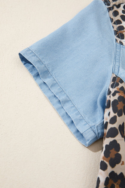 Minivestido con cuello de camisa Myosotis Denim con bloques de color y retales de leopardo