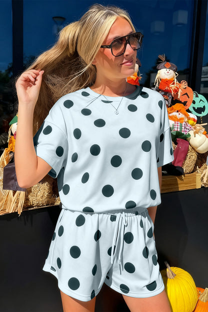Sky Blue Polka Dot Print Loose Tee Drawstring Elastic Waist Short Set - Snoopy's Closet