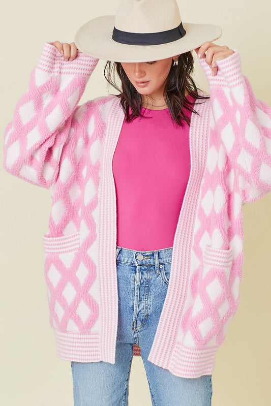 Pink Rhombus Pattern Knit Open Front Pocketed Cardigans - Snoopy's Closet