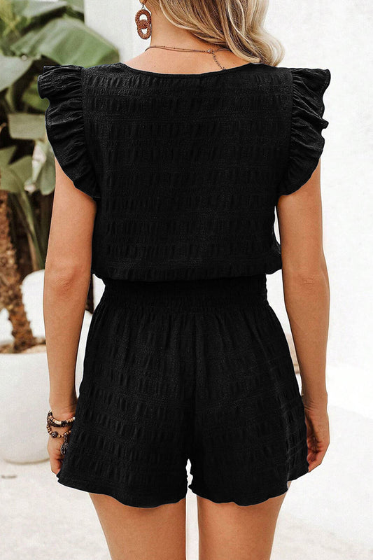 Black Textured Square Neck Top and Shirred High Waist Shorts Set - Snoopy's Closet