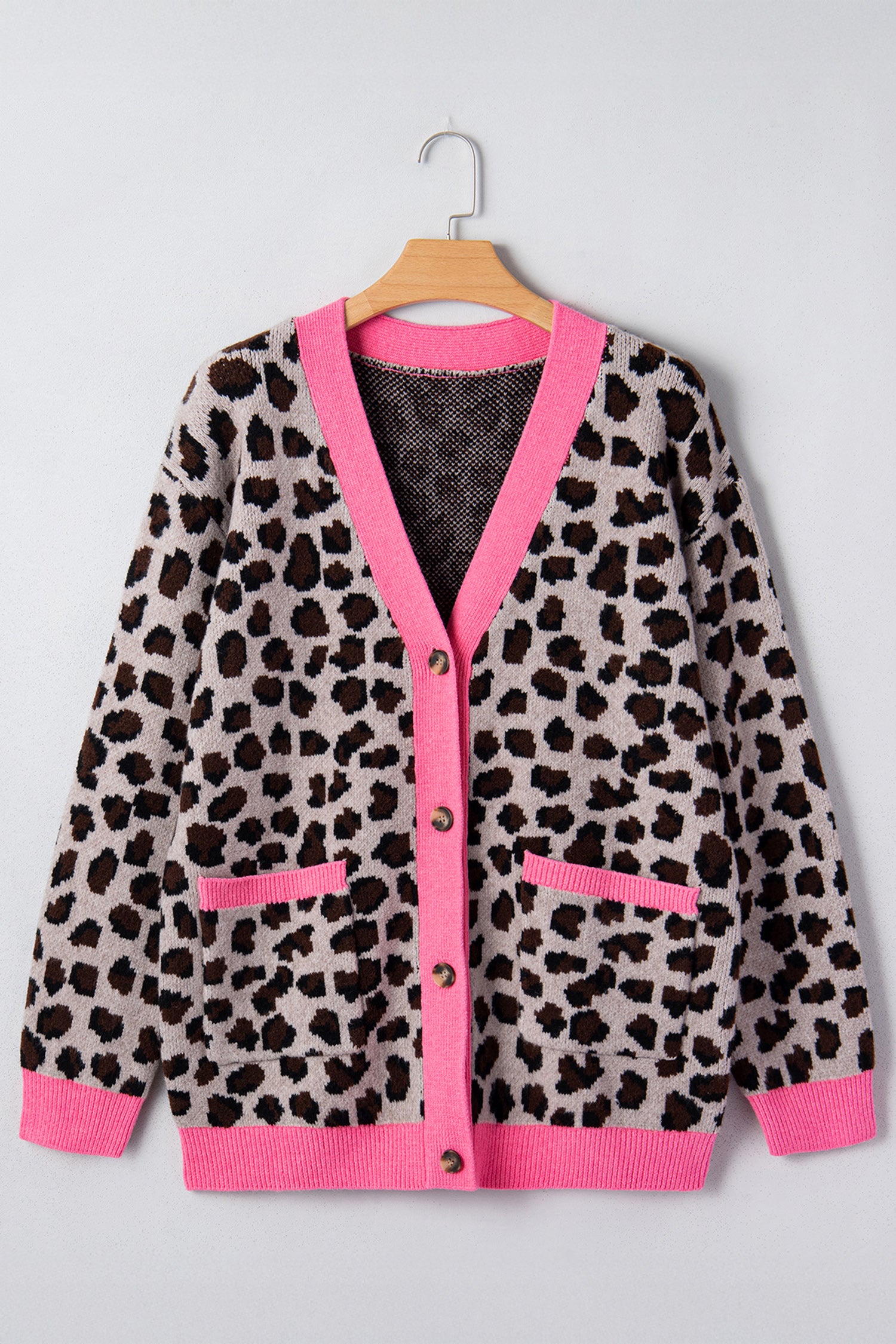 Khaki Oversize Color Block Trim Button Down Leopard Print Cardigan - Snoopy's Closet