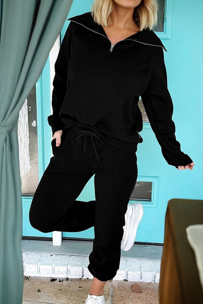 Black Zip Collar Long Sleeve Top Drawstring Pants Set - Snoopy's Closet