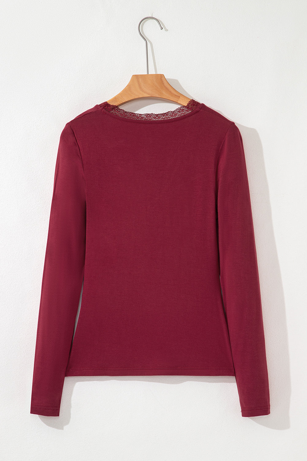 Red Dahlia Lace-trimmed Sweetheart Neckline Ruched Detail Long Sleeve T-shirt - Snoopy's Closet