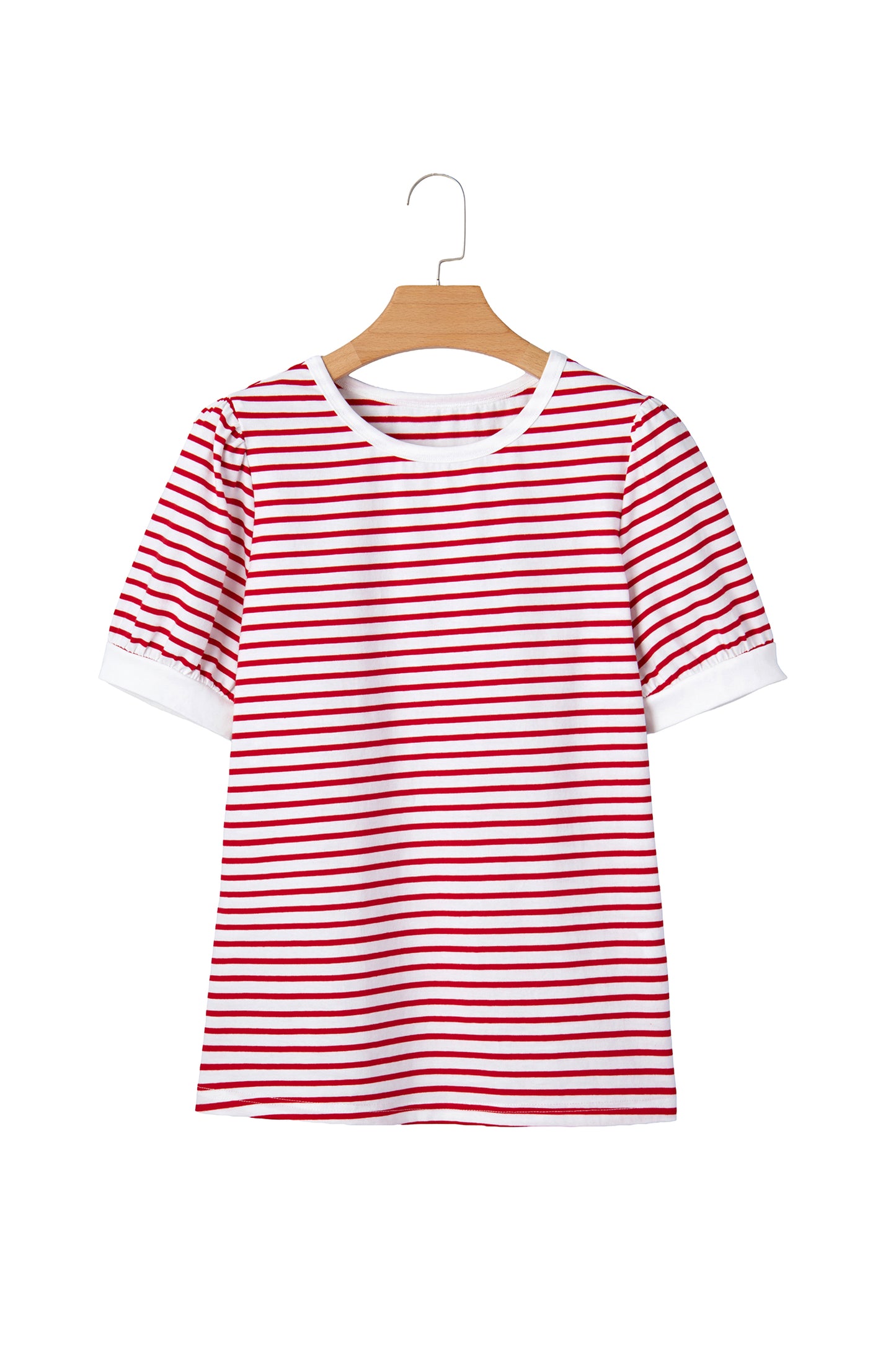 Red Stripe Contrast Trim Round Neck Short Puff Sleeve T Shirt - Snoopy's Closet