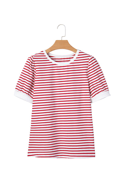 Red Stripe Contrast Trim Round Neck Short Puff Sleeve T Shirt - Snoopy's Closet