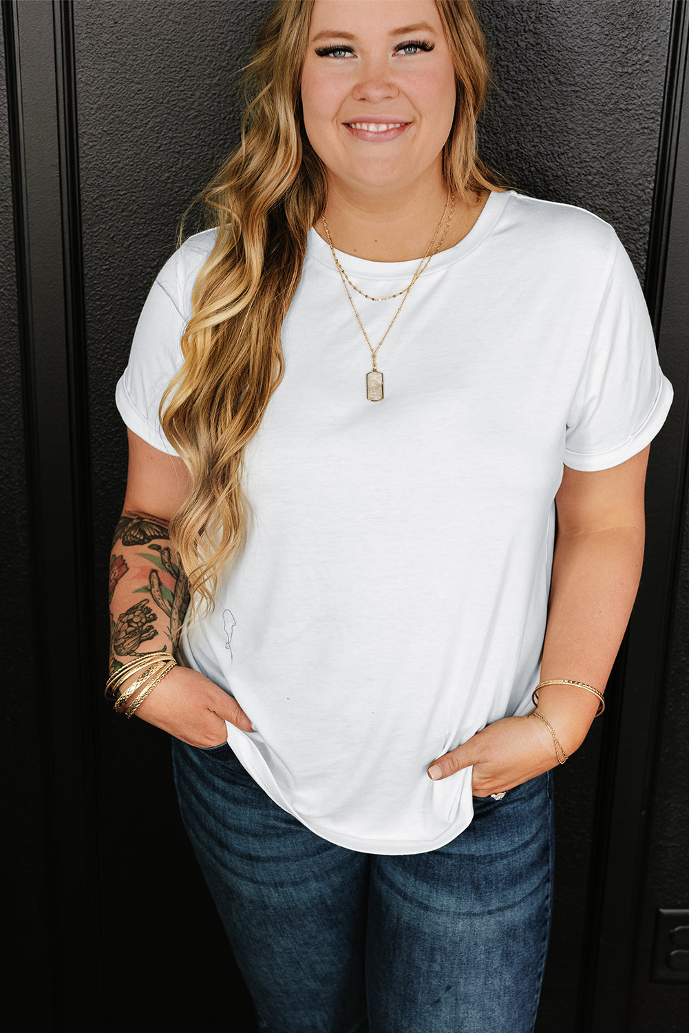 White Round Neck Rolled Sleeve Plus Size T-shirt - Snoopy's Closet