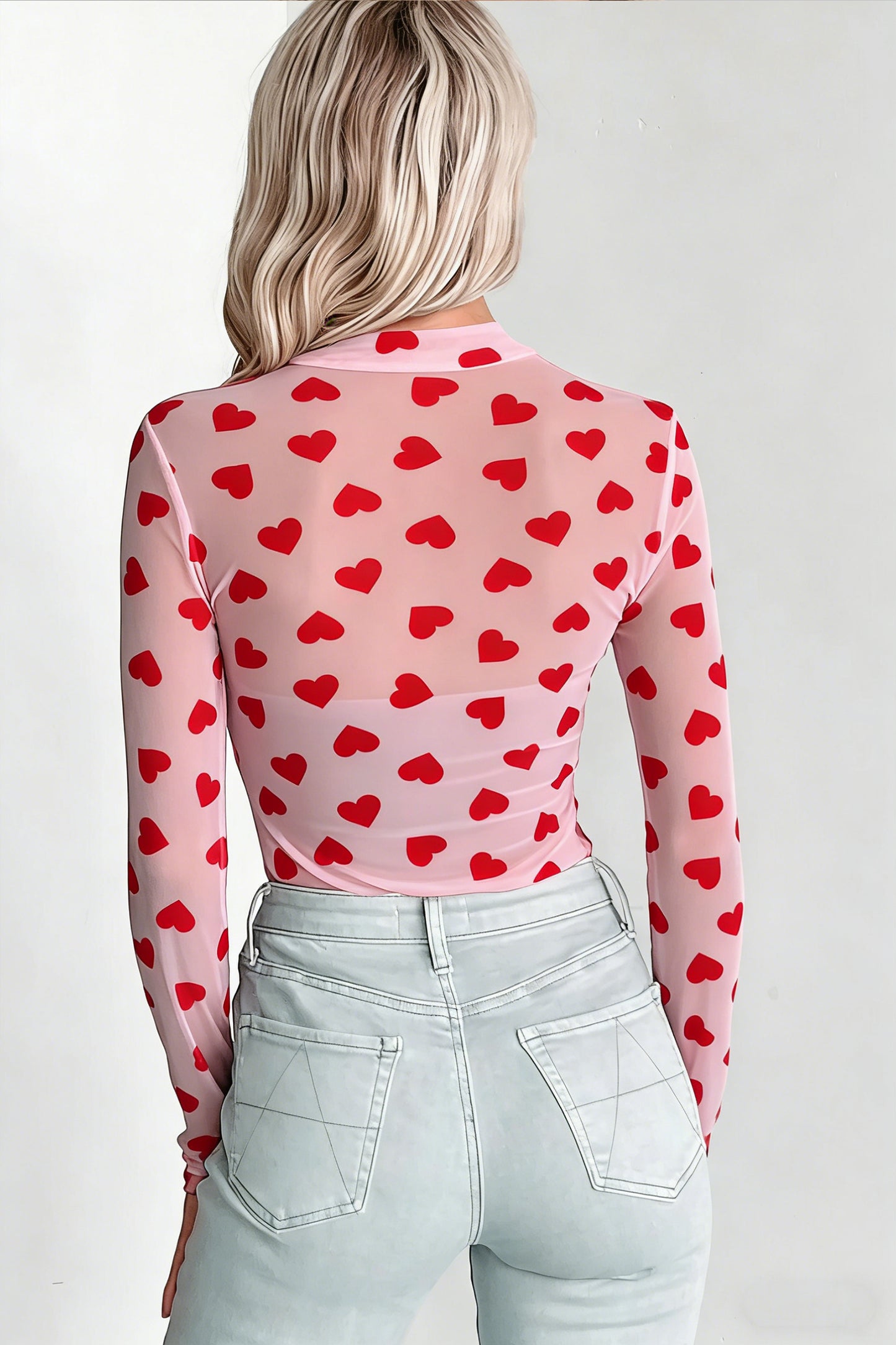 Pink Valentines Heart Printed Sheer Mesh Long Sleeve Top - Snoopy's Closet