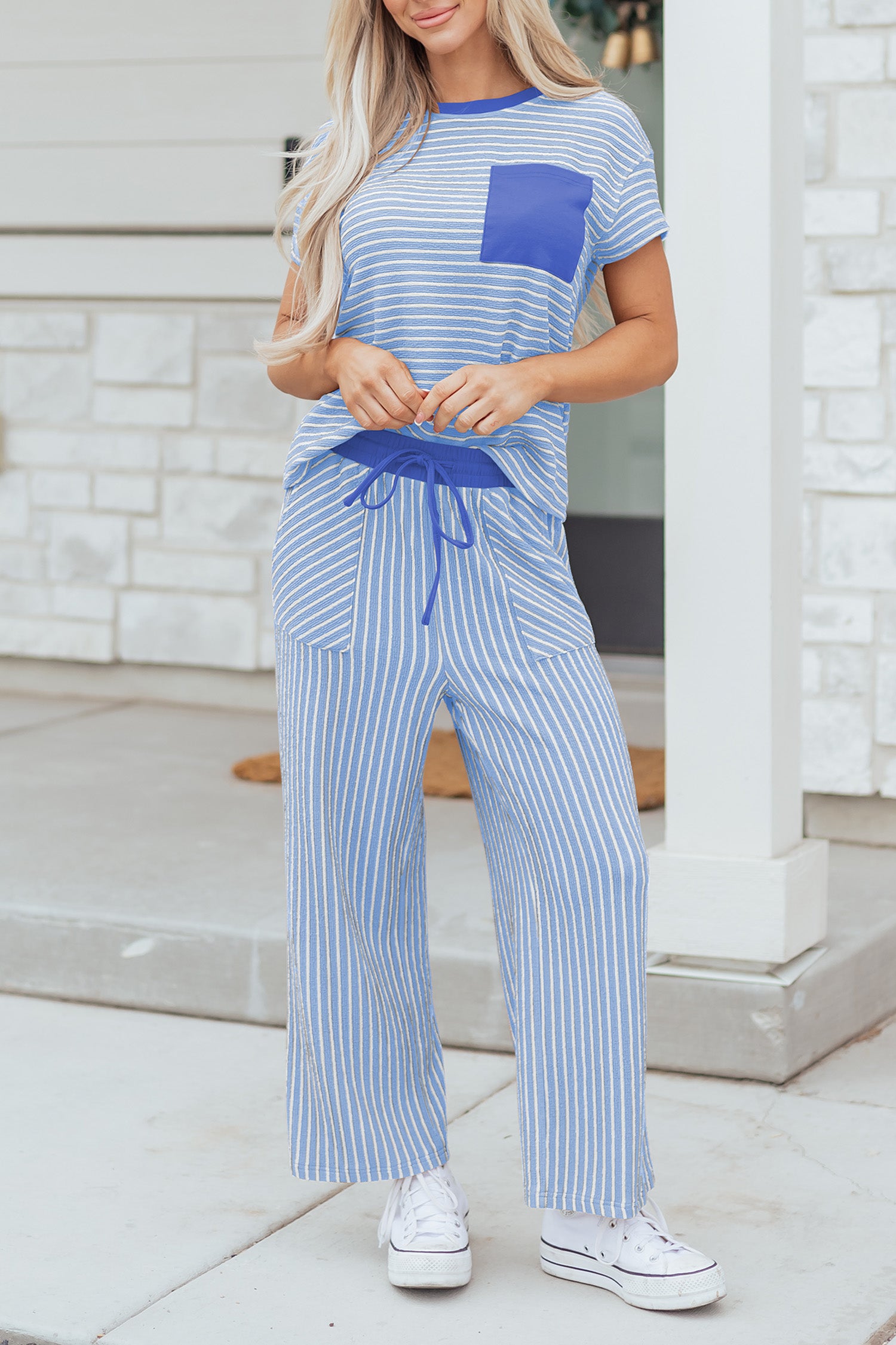 Sky Blue Stripe Crew Neck Tee Drawstring Waist Cropped Pants Set - Snoopy's Closet