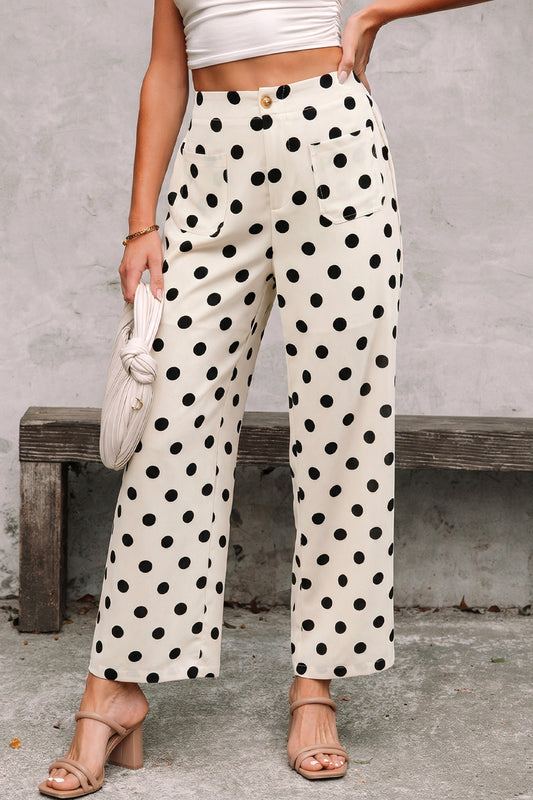 Pantalones de pernera recta de tiro medio con bolsillos de parche y estampado de lunares blancos