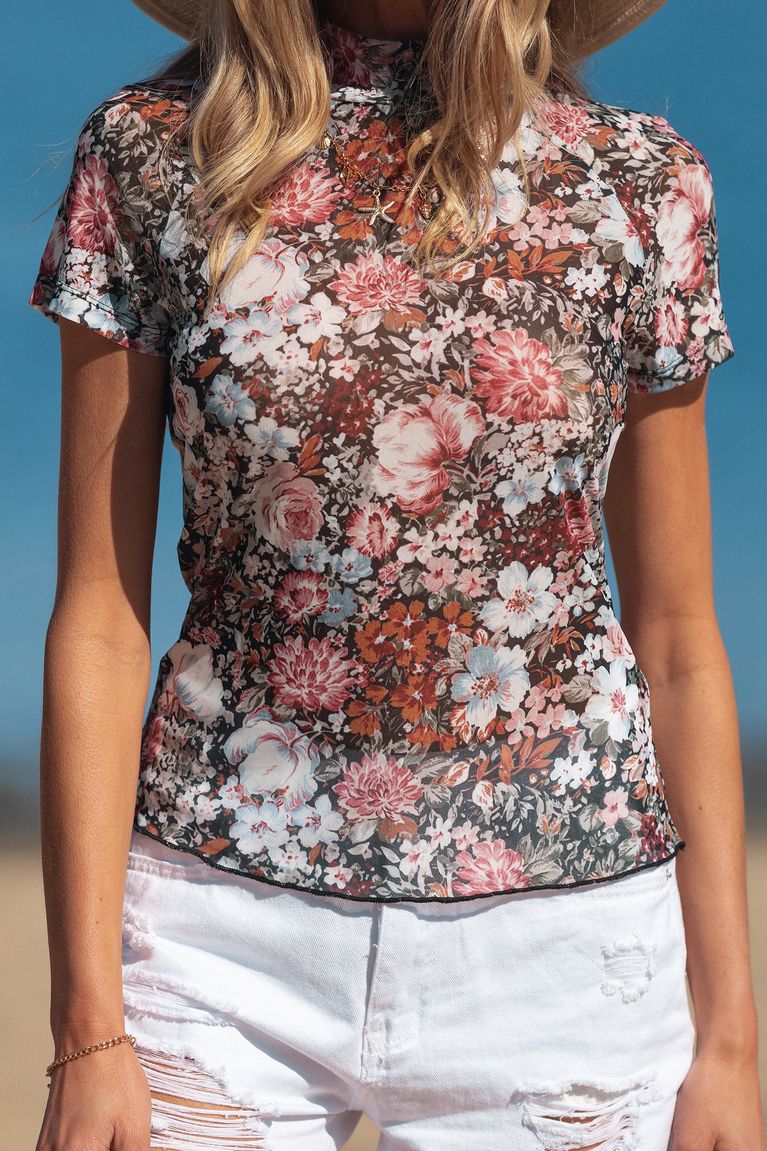 Brown Floral Print High Neck Short Sleeve Mesh Top - Snoopy's Closet