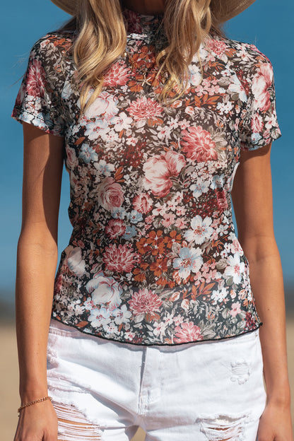 Brown Floral Print High Neck Short Sleeve Mesh Top - Snoopy's Closet