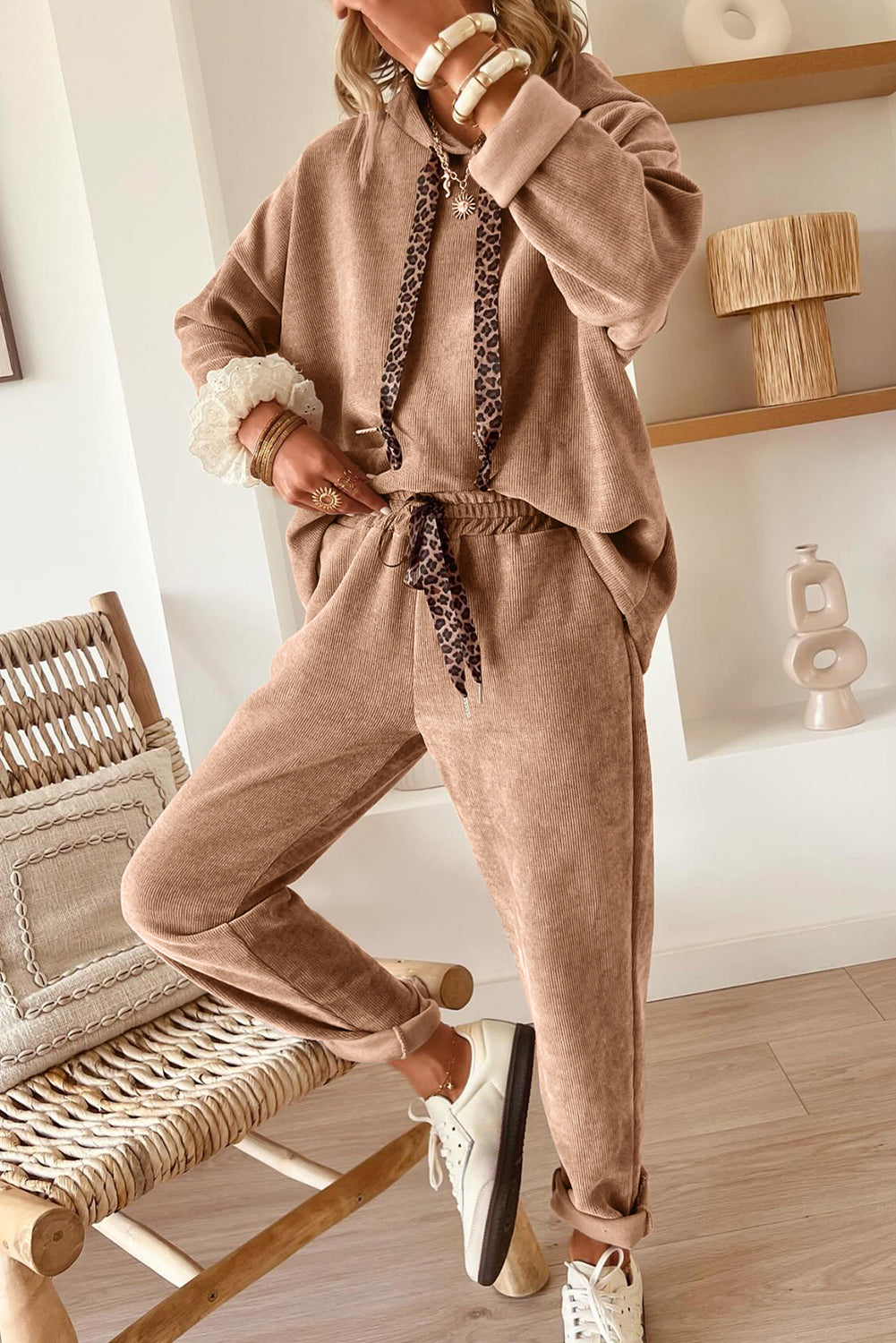 Parchment Leopard Drawstring Pullover Hoodie and High Waist Pants Corduroy Suit - Snoopy's Closet
