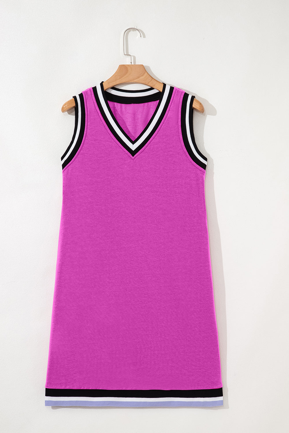 Vestido Mini Sin Mangas con Contraste de Color Orquídea Morada, Cuello de Pico y Corte Recto