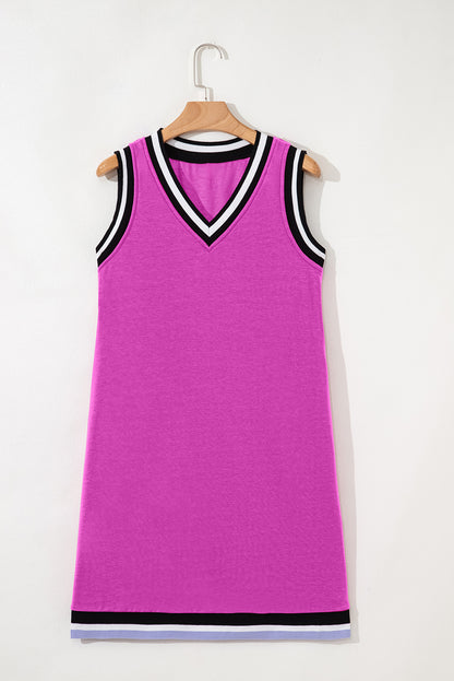 Vestido Mini Sin Mangas con Contraste de Color Orquídea Morada, Cuello de Pico y Corte Recto