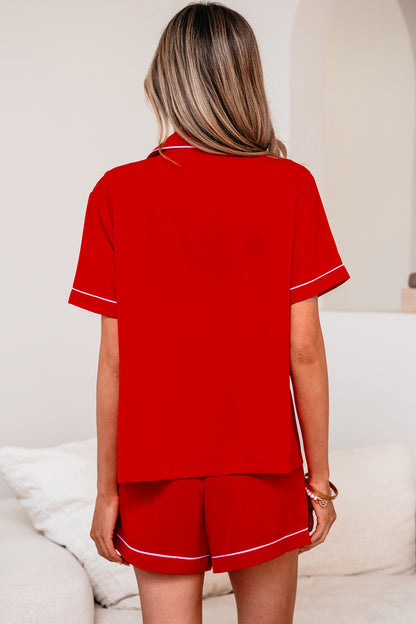 Fiery Red Contrast Trim Ribbon Bow Short Silky 2pcs Pajama Set - Snoopy's Closet