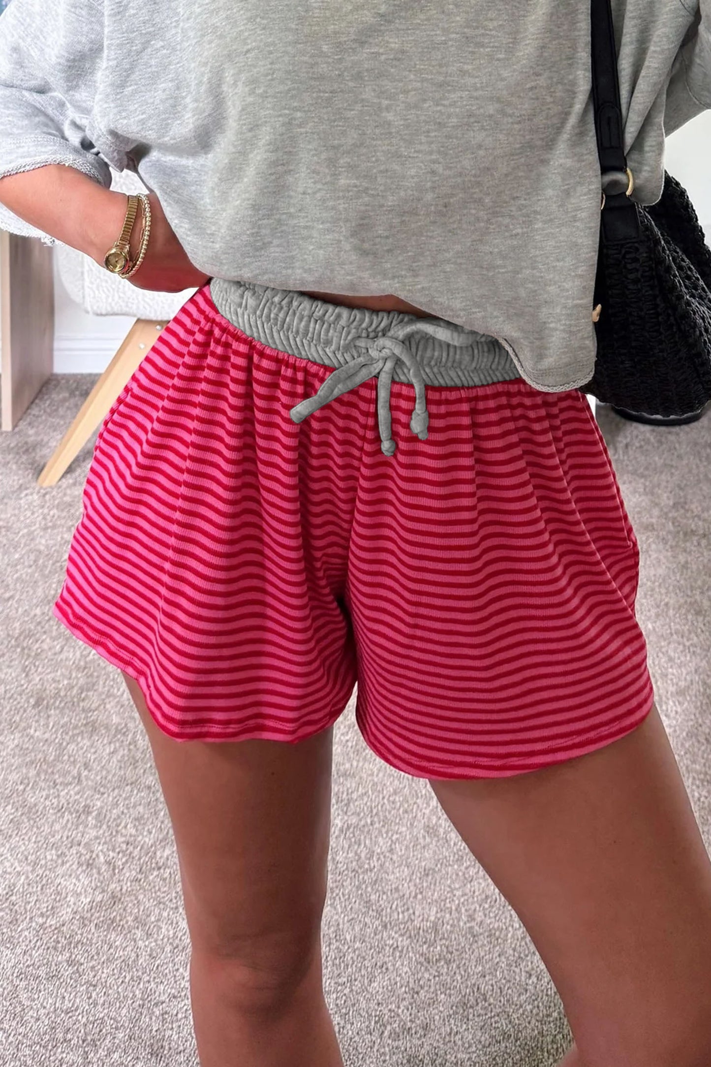 Rose Stripe Contrast Elastic Waist Casual Ribbed Shorts - Snoopy's Closet