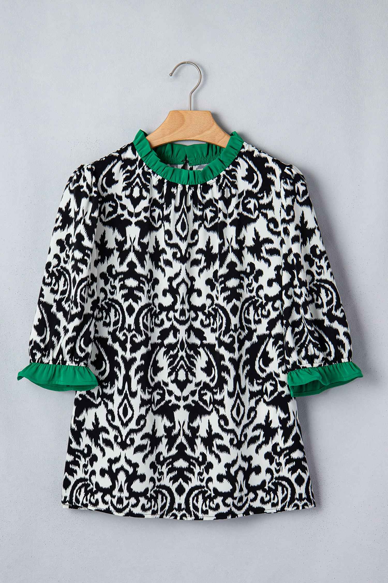 Green Damask Print Ruffled Color Block Detail Half Sleeve Blouse