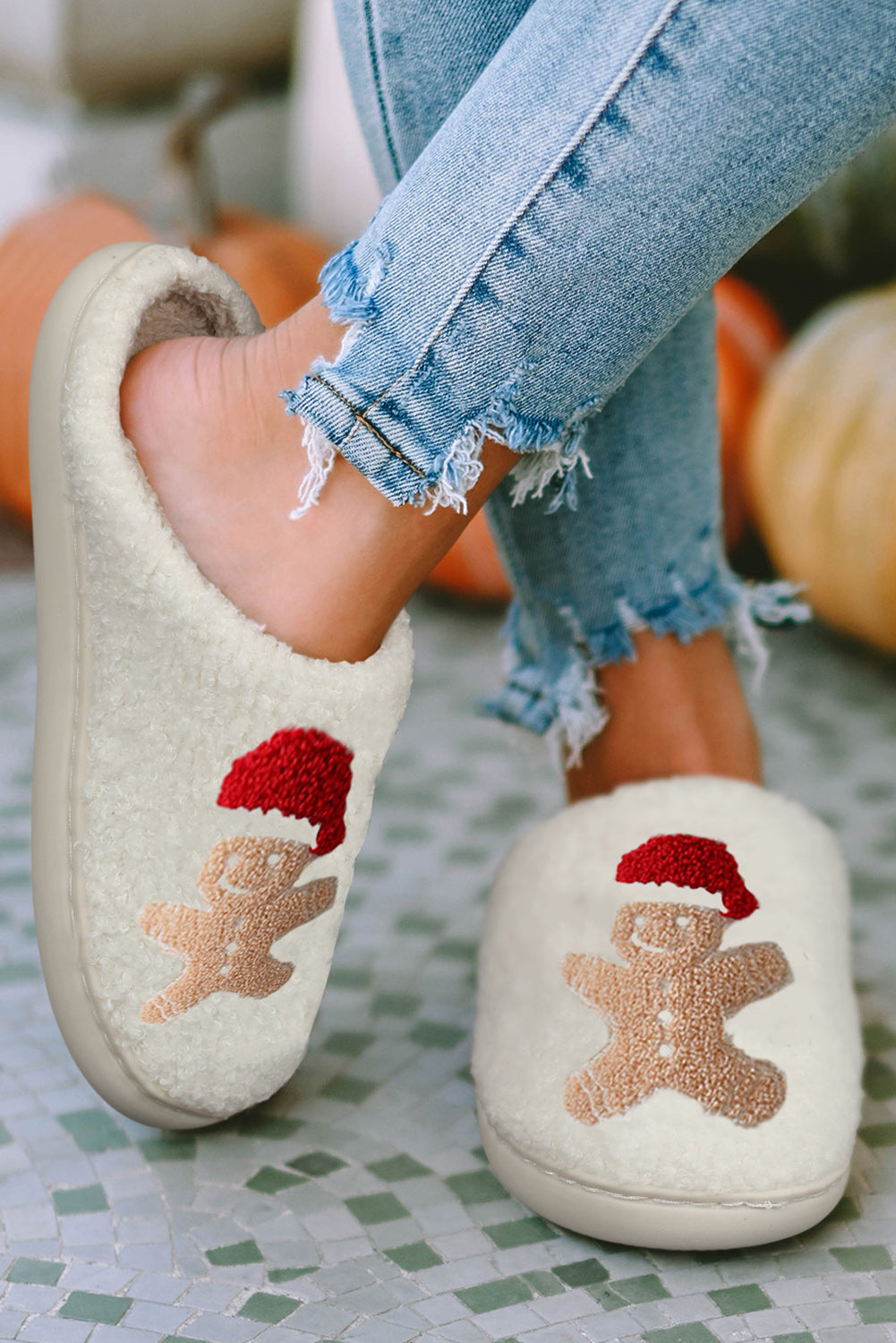 White Christmas Gingerbread Man Plush Home Slippers - Snoopy's Closet