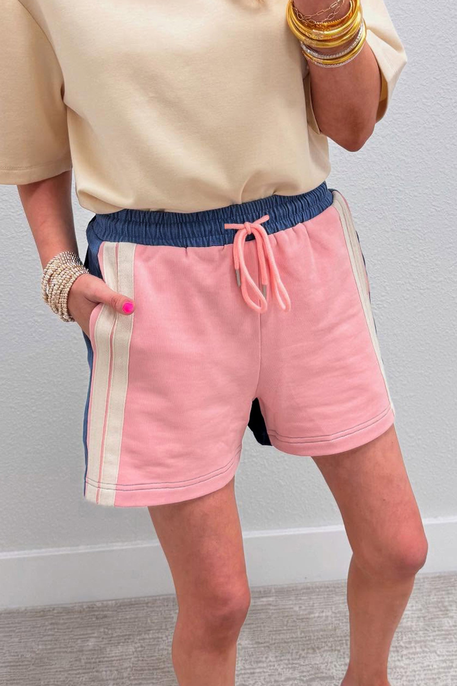 Pink Color Block Patchwork Varsity Striped Detail Drawstring Elastic Waist Shorts - Snoopy's Closet