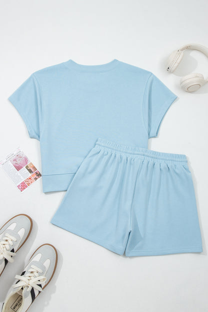 Mist Blue Solid Color Loose Tee Drawstring Shorts 2pcs Outfit