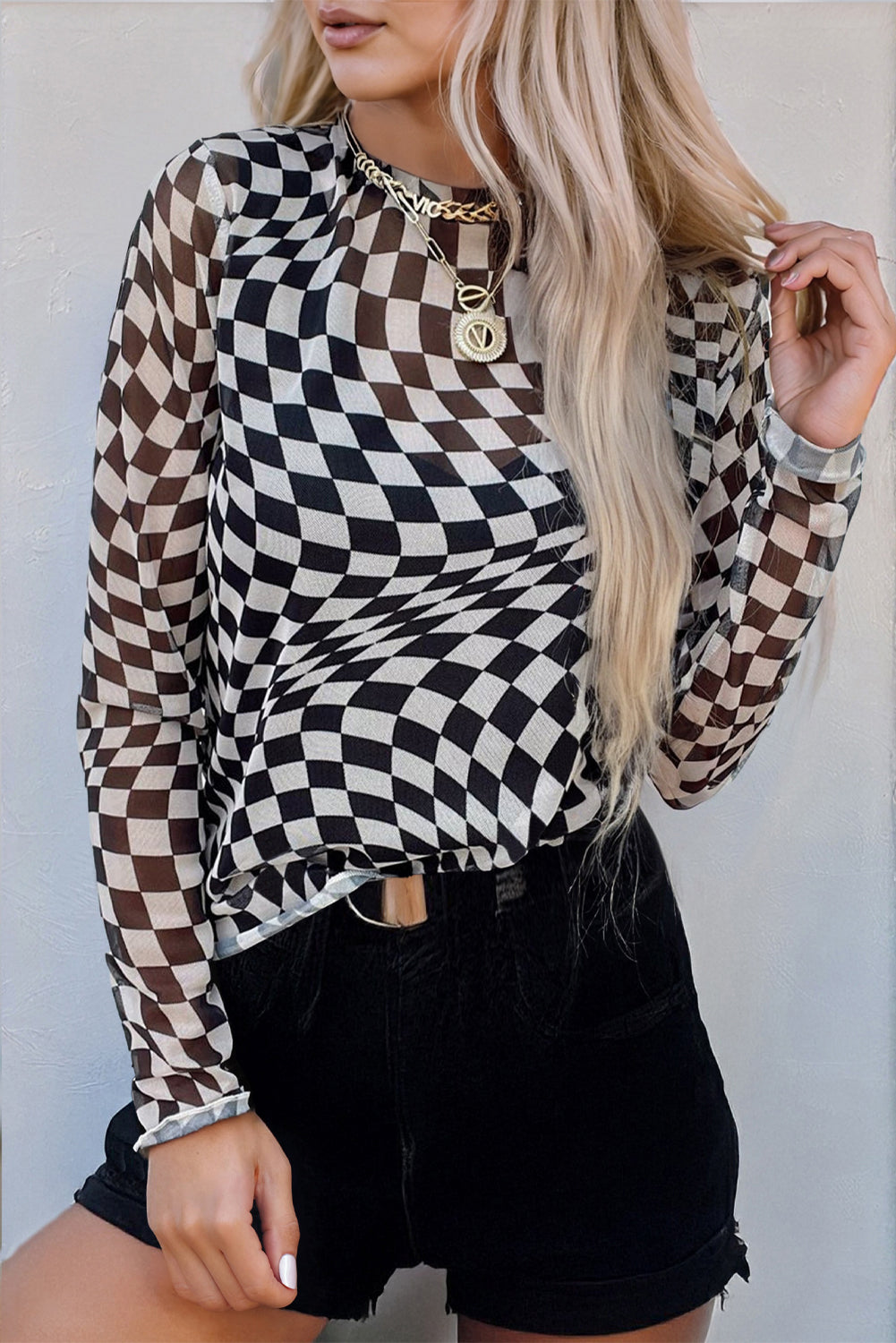 Black Checkered Pattern Mesh Mock Neck Long Sleeve Top - Snoopy's Closet