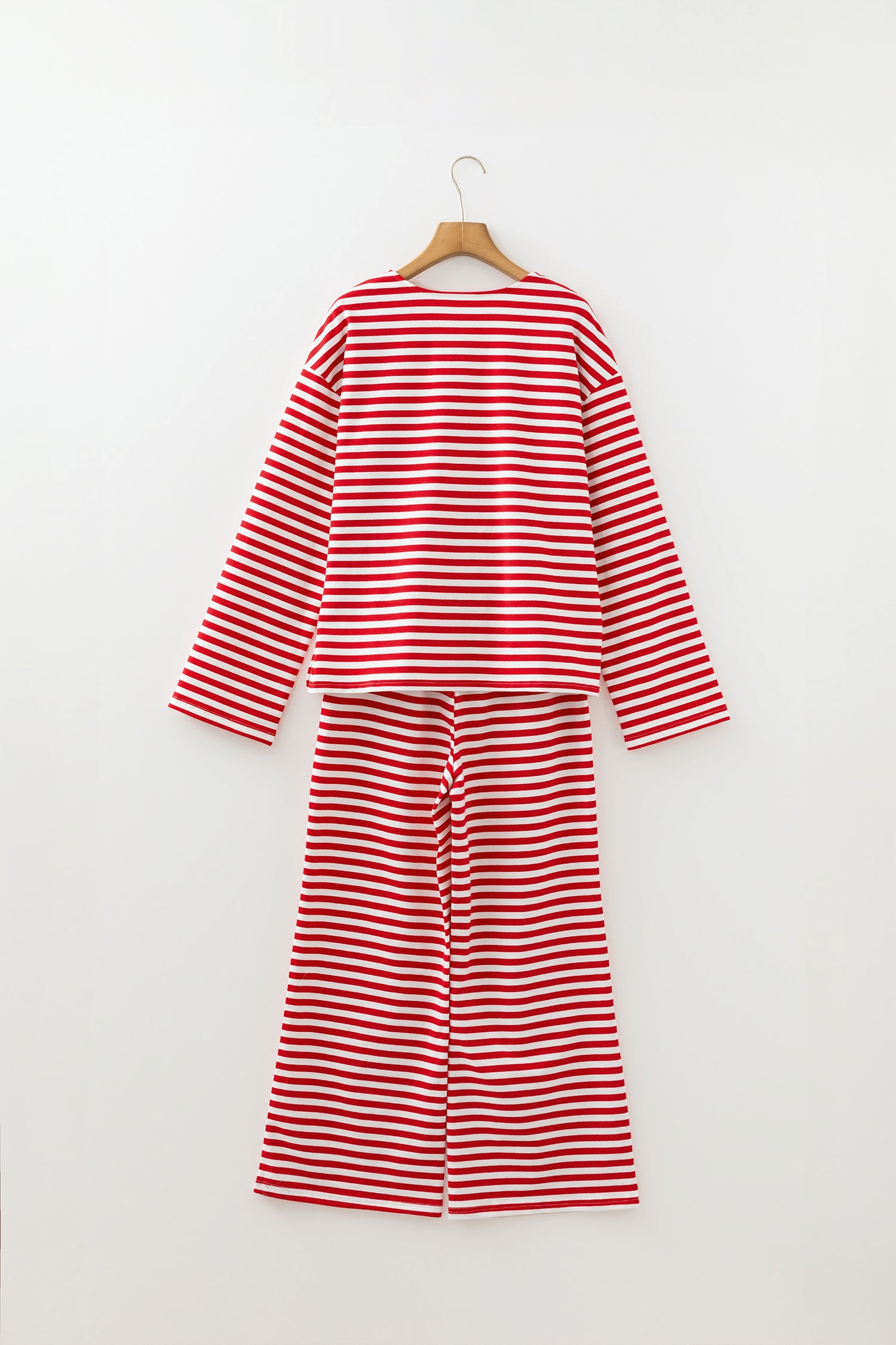 Red Stripe Drop Shoulder Long Sleeve Top Lounge Pants 2pcs Set - Snoopy's Closet