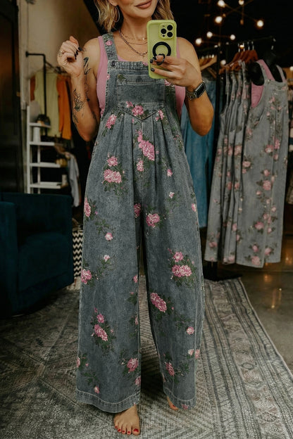 Mono vaquero de pierna ancha plisado de talle alto con estampado floral gris Beau