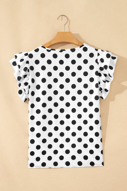 White Polka Dot Print Ruffled Short Sleeve Blouse
