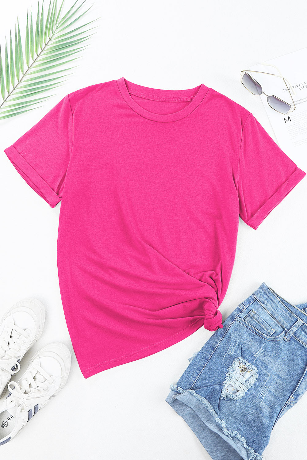 Rose Red Casual Plain Crew Neck Tee - Snoopy's Closet