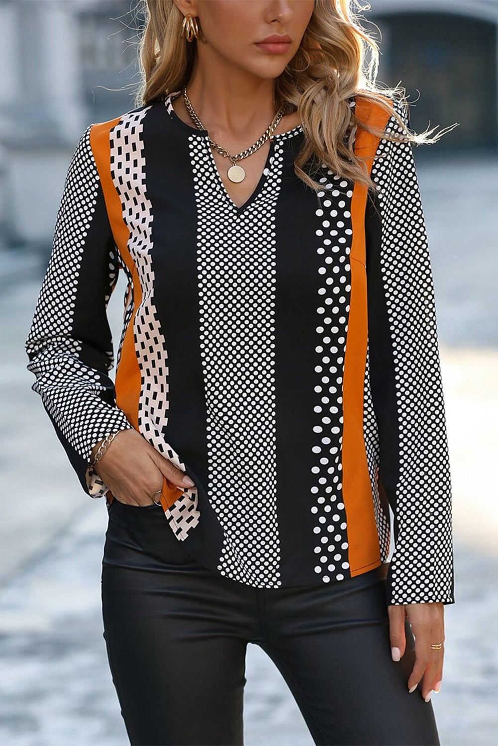 Orange Geo Print Colorblock Notched V Neck Blouse - Snoopy's Closet