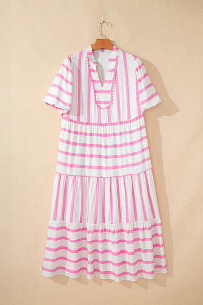 Pink Stripe Plus Size V Neck Short Puff Sleeve Tiered Maxi Dress - Snoopy's Closet