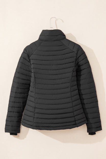 Black Solid Color Quilted Zip-up Puffer Jacket - Snoopy's Closet
