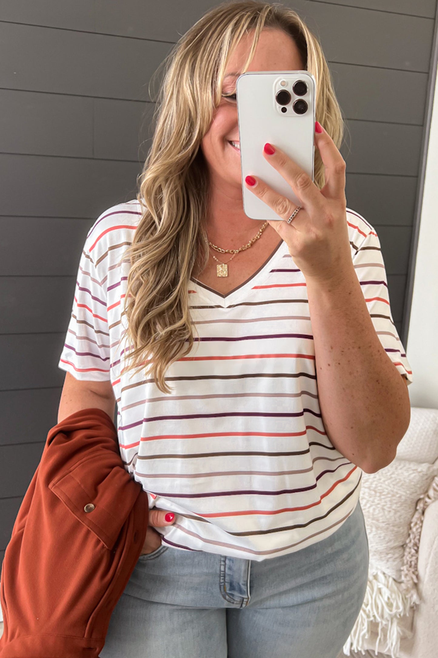 White Stripe V Neck Casual Plus Size Tee - Snoopy's Closet