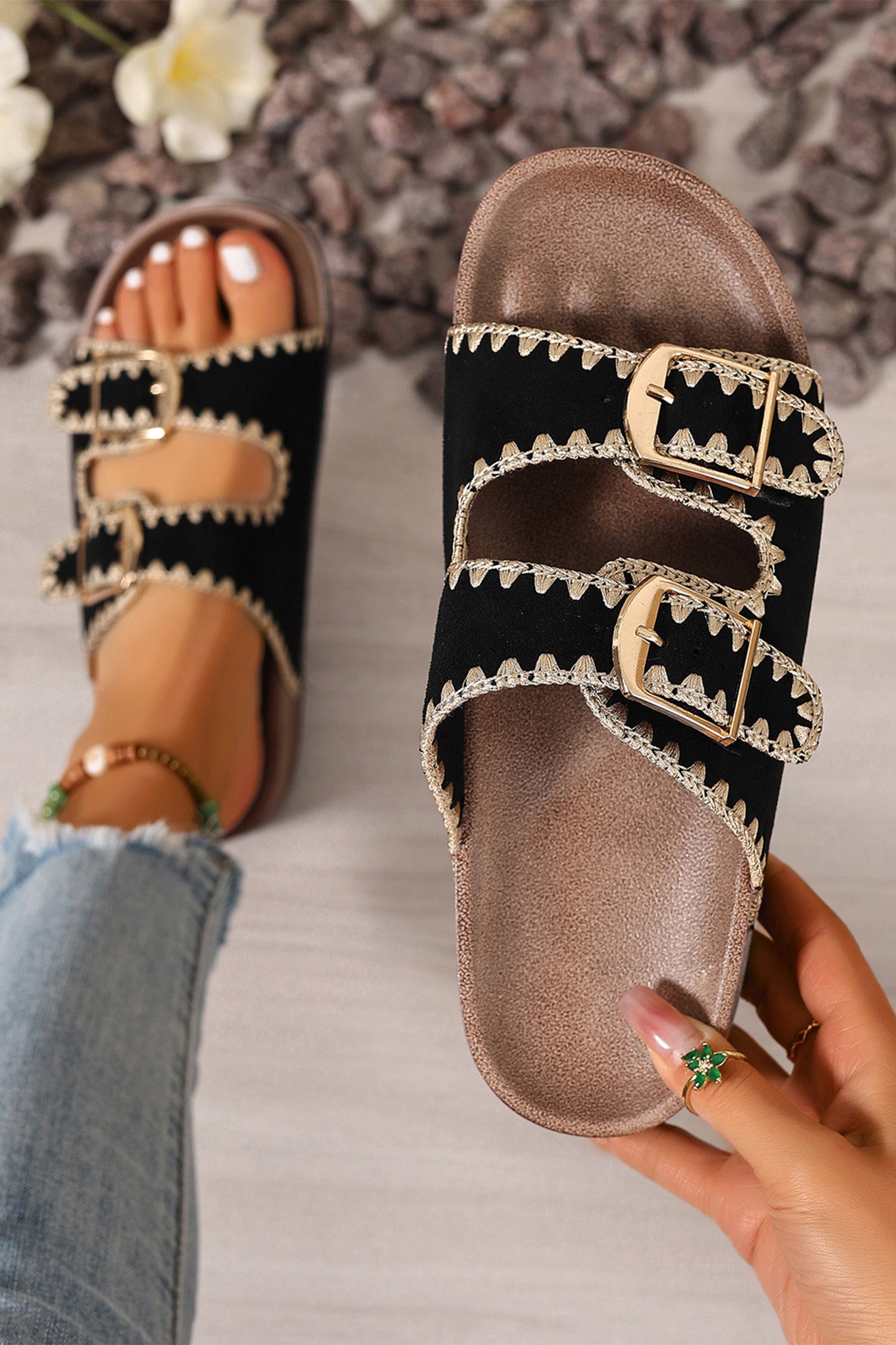 Black Embroidered Trim Retro Buckle Faux Suede Slippers - Snoopy's Closet