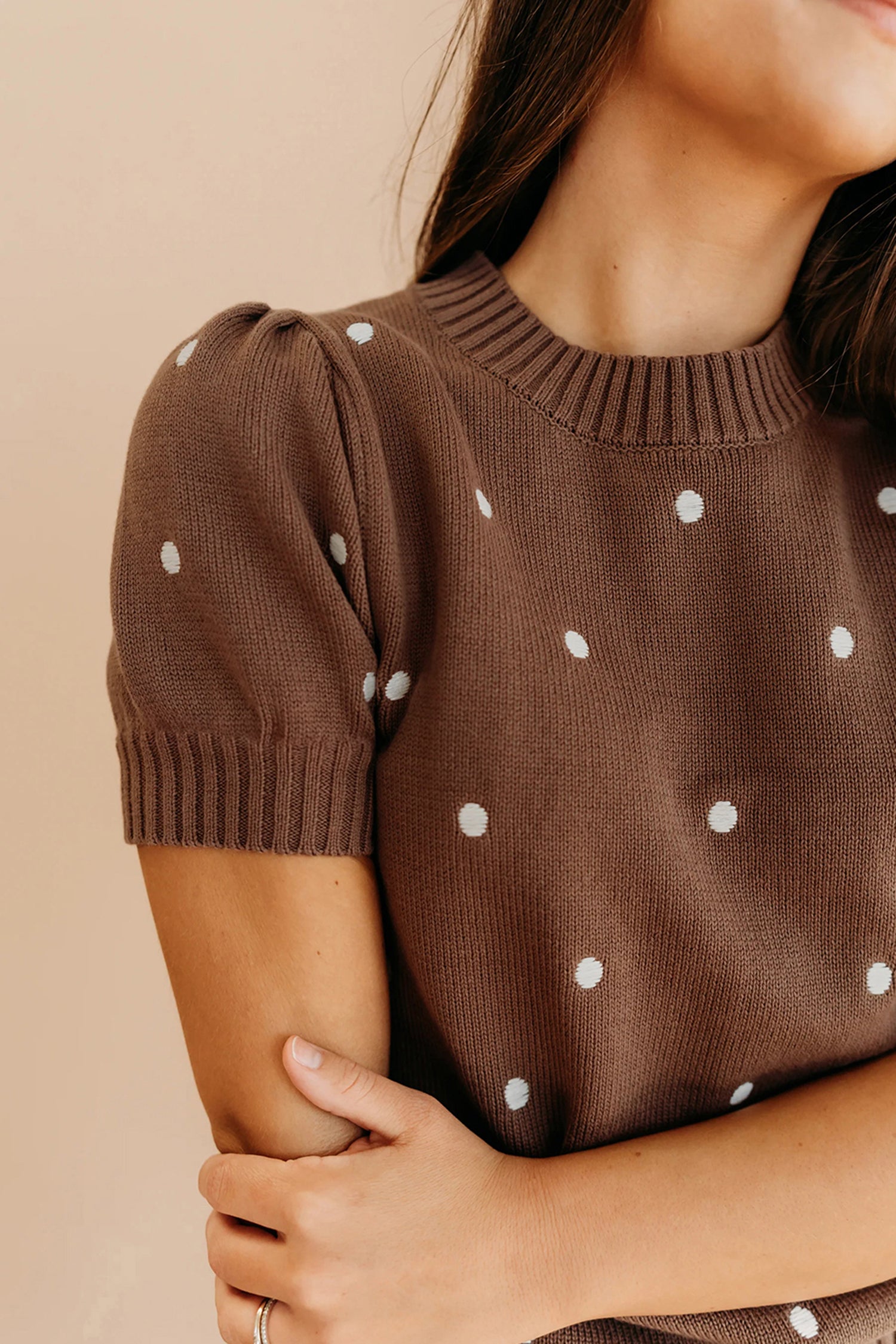 Chestnut Elegant Polka Dot Bubble Short Sleeve Sweater - Snoopy's Closet
