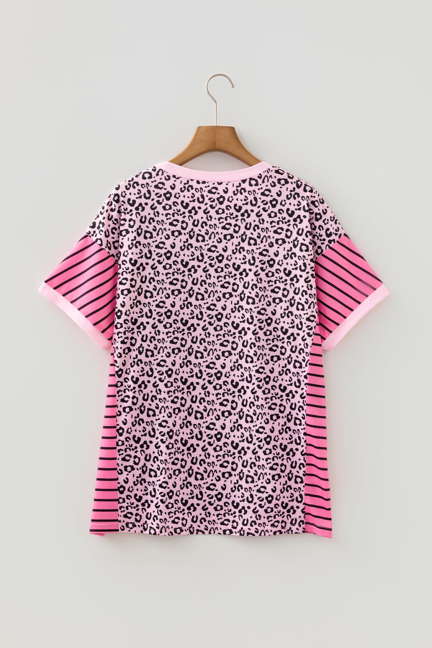 Pink Leopard Striped Patchwork Side Slit Loose Short Sleeve Top - Snoopy's Closet