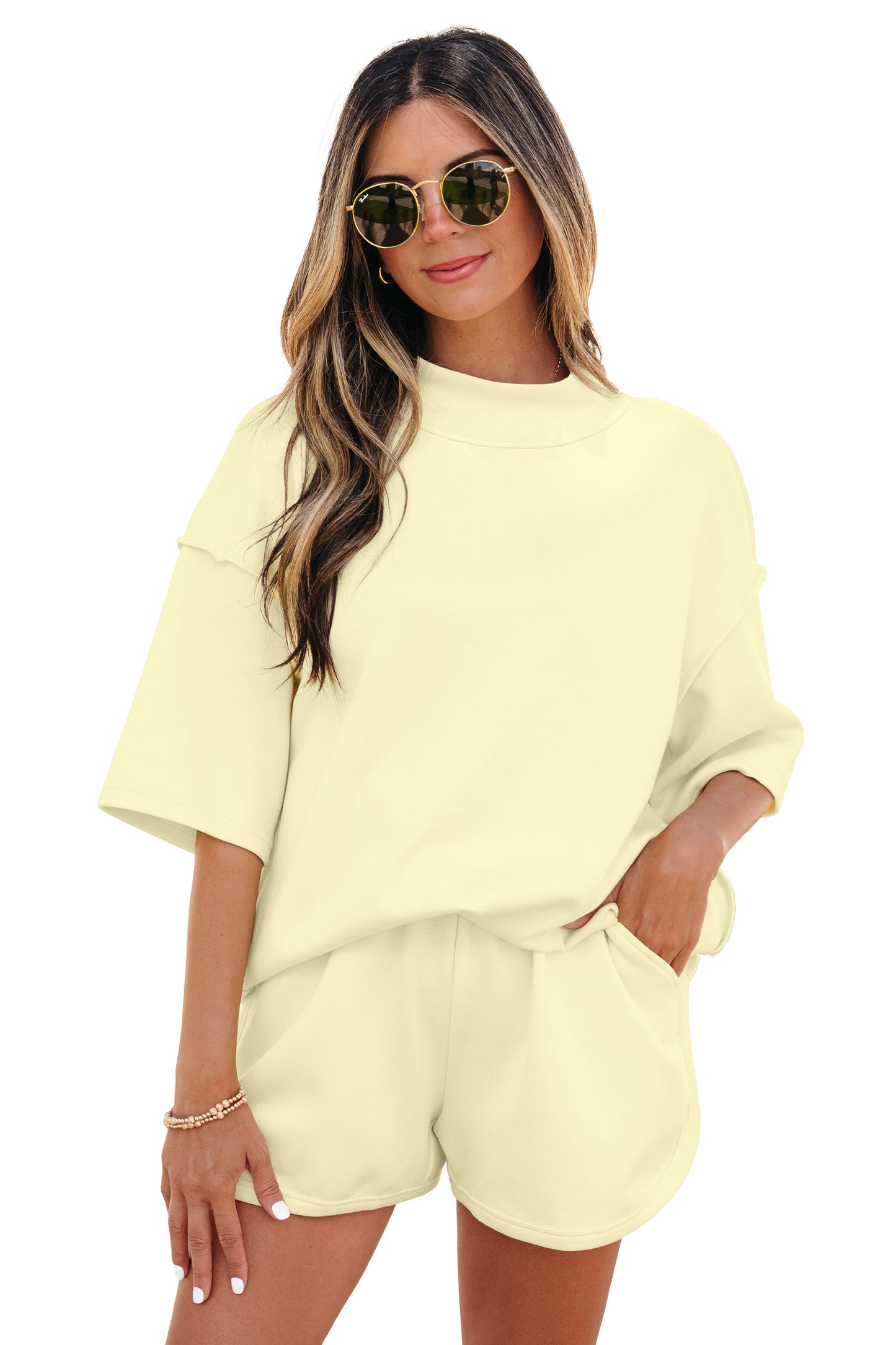 Moonlight Jade Solid Color Exposed Seam Mock Neck Oversize Tee Casual Shorts 2pcs Outfit - Snoopy's Closet