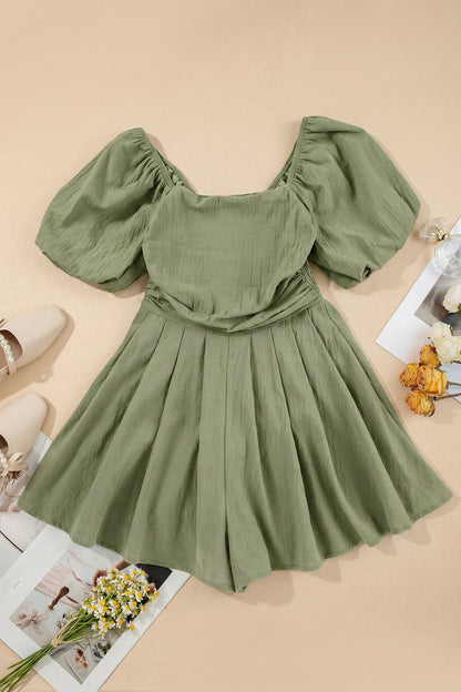 Jungle Green Square Neck Ruched Puff Sleeve Romper