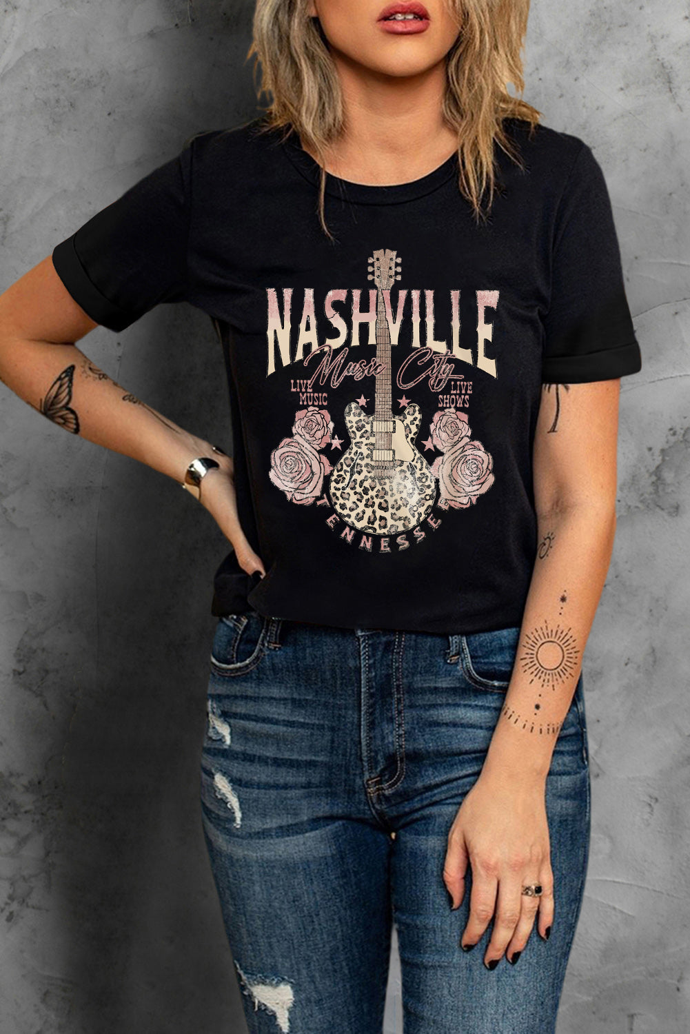 Camiseta negra con estampado de guitarra de leopardo Music City de Nashville