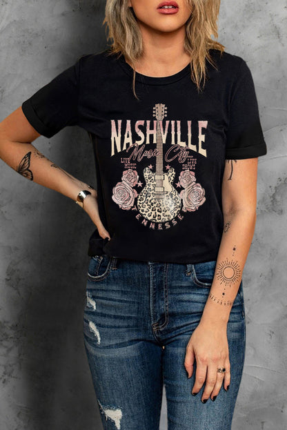 Camiseta negra con estampado de guitarra de leopardo Music City de Nashville