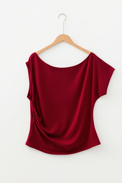 Burgundy Plus Size Solid Color Asymmetric Neck Short Sleeve Blouse - Snoopy's Closet