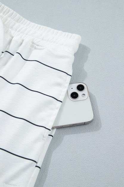 White Stripe Half Sleeve Tee Drawstring Shorts 2pcs Set