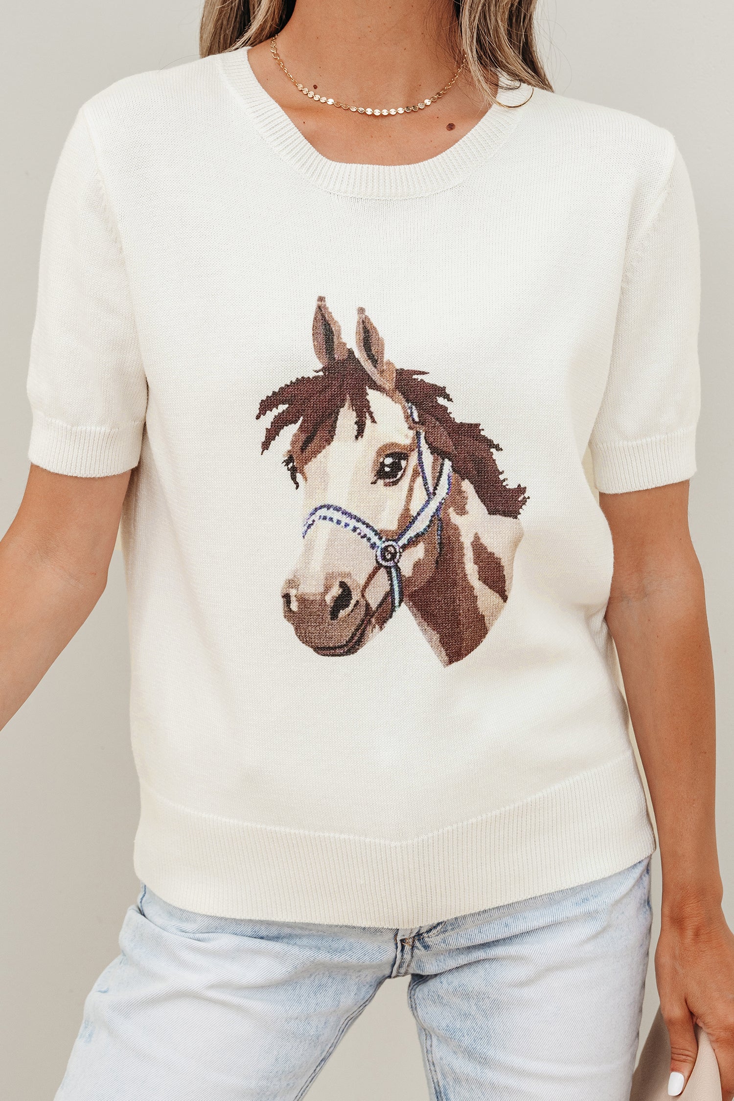 White Wild West Horse Head Printed Short Sleeve Sweater - Snoopy's Closet