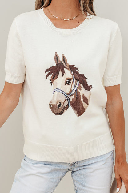 White Wild West Horse Head Printed Short Sleeve Sweater - Snoopy's Closet