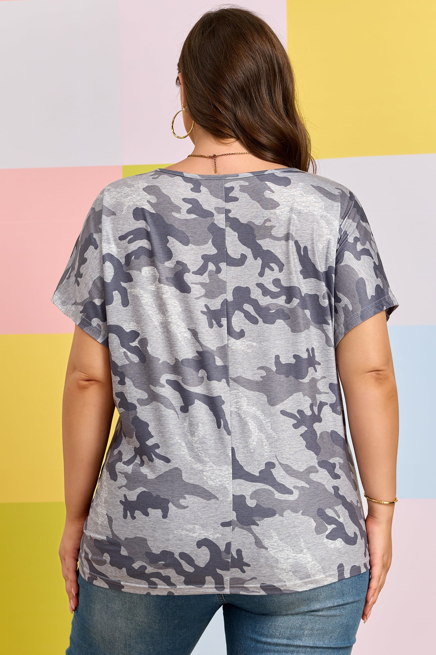 Gray Plus Size Camo Print Casual T Shirt - Snoopy's Closet