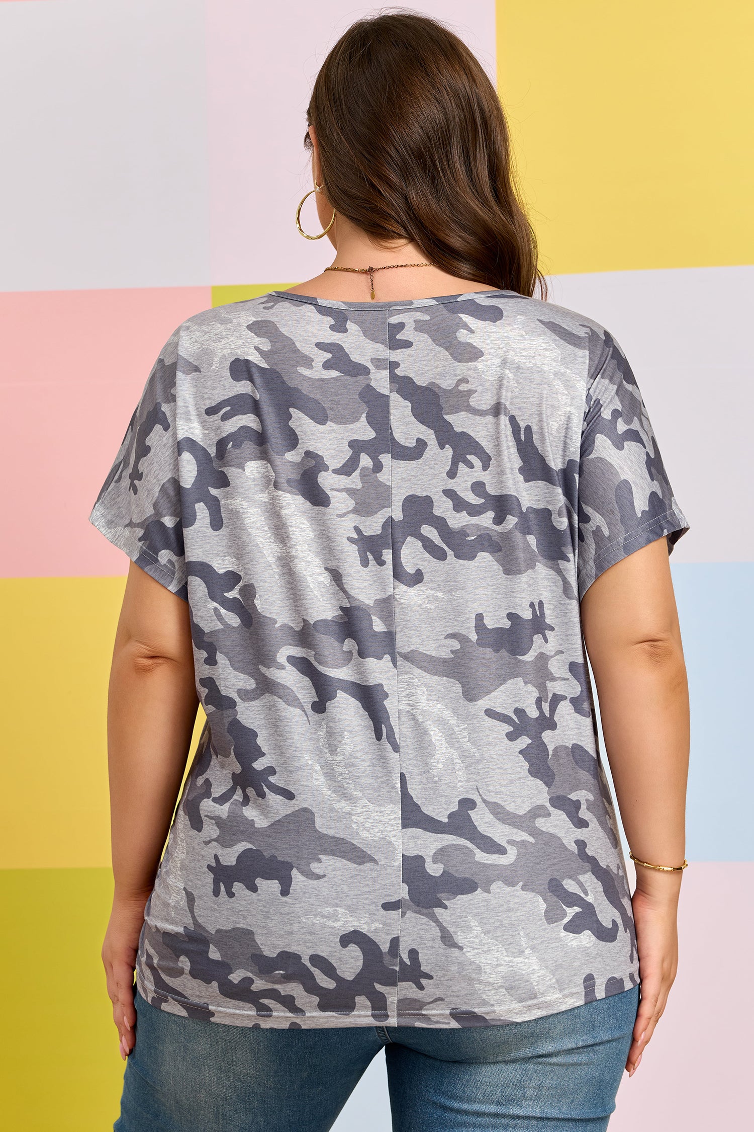 Gray Plus Size Camo Print Casual T Shirt - Snoopy's Closet